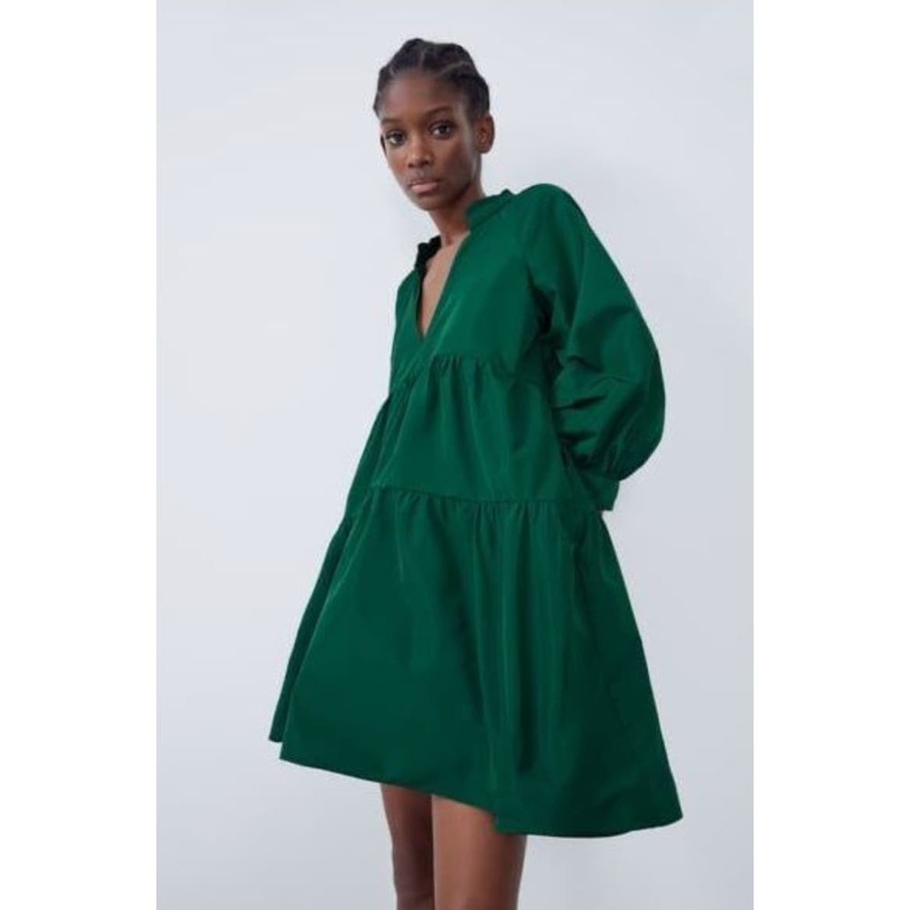 Zara Taffeta Voluminous Green V-Neck Pocket Mini Dress Medium